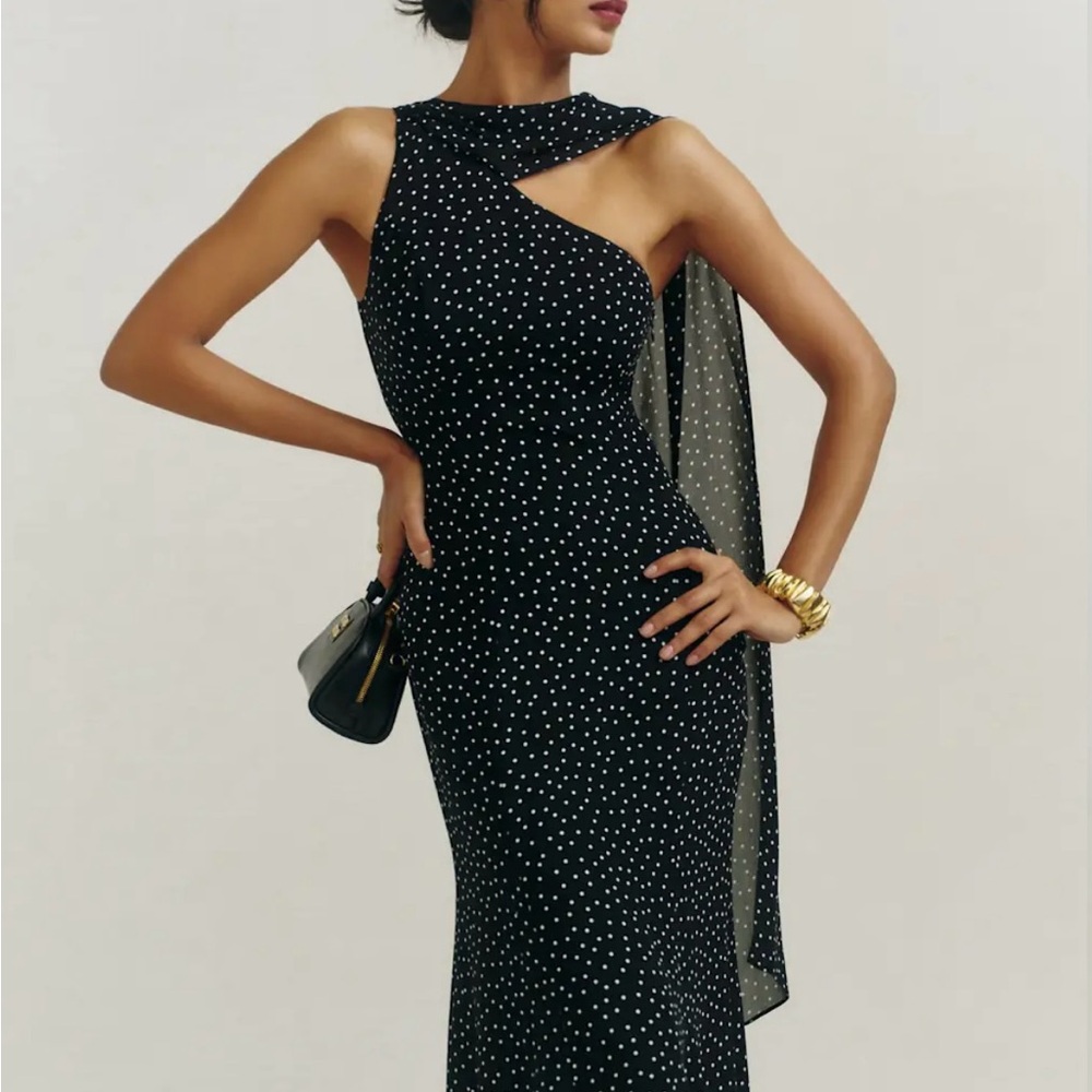 Reformation Rosalynn Black and White Polka Dot One Shoulder Dress